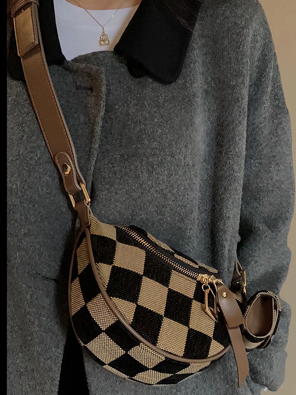 Checkerboard Crescent Crossbody Bag